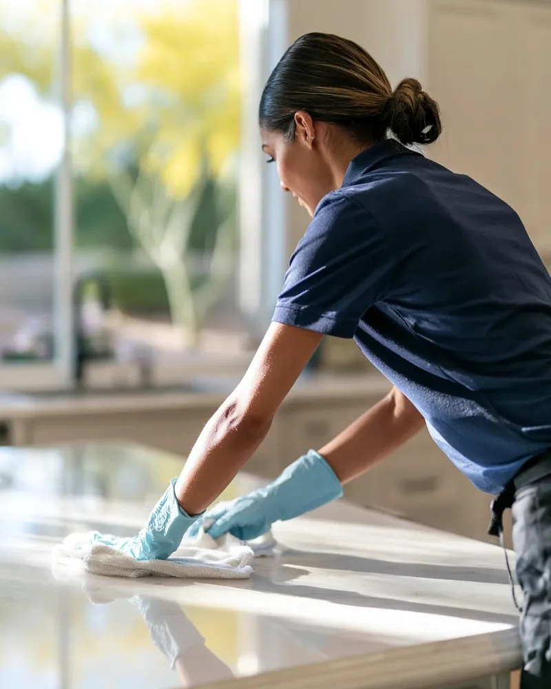 Blue-gloved cleaner wiping a bright kitchen counter beside a sink.