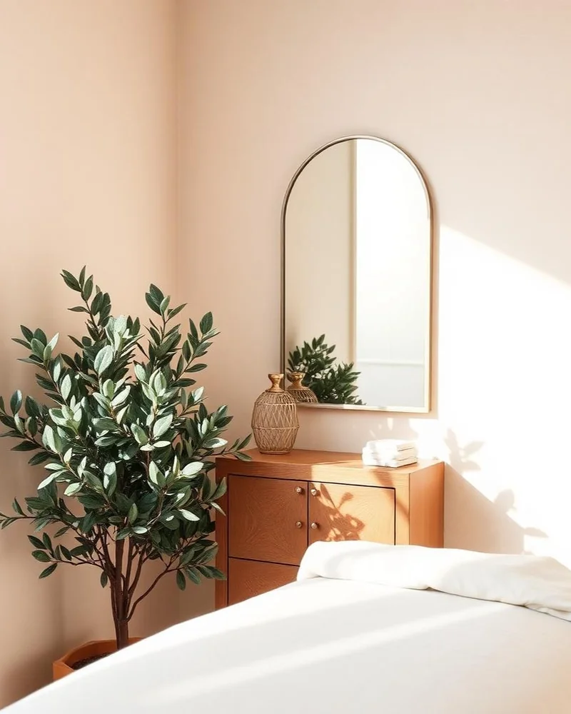 Sunlit treatment room with a white treatment bed, arched mirror, and leafy plant.