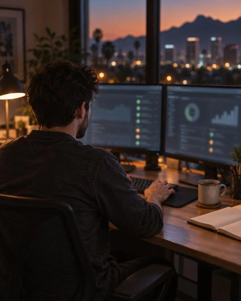 Developer working at two softly blurred dashboard monitors in a Phoenix studio at dusk.