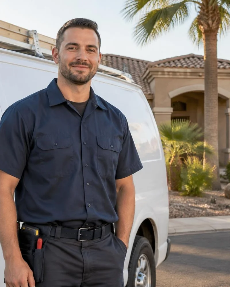 HVAC technician in a navy work shirt standing beside a service van outside an Arizona home.