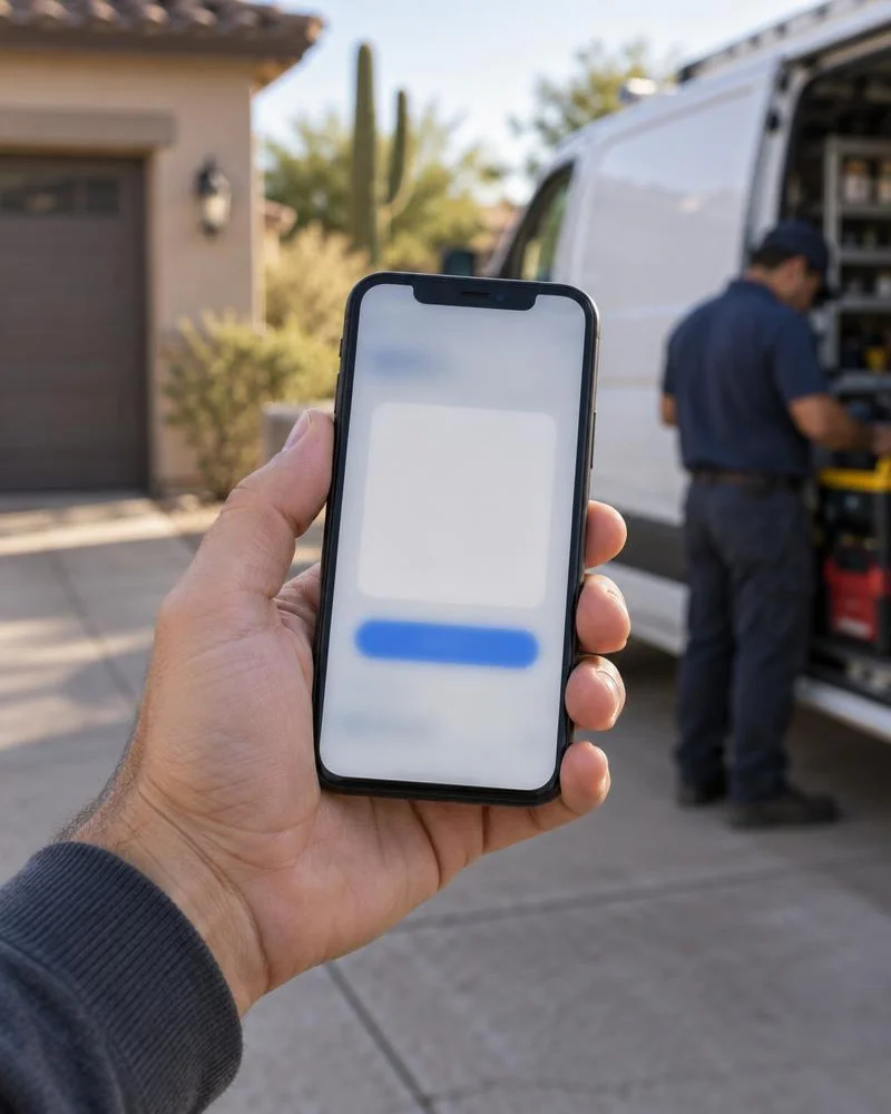 Hand holding a phone with a blurred quote screen in an Arizona driveway beside a service van.