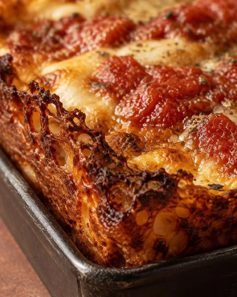 Detroit-style pepperoni pizza with golden caramelized cheese edges, shown whole and in close-up.