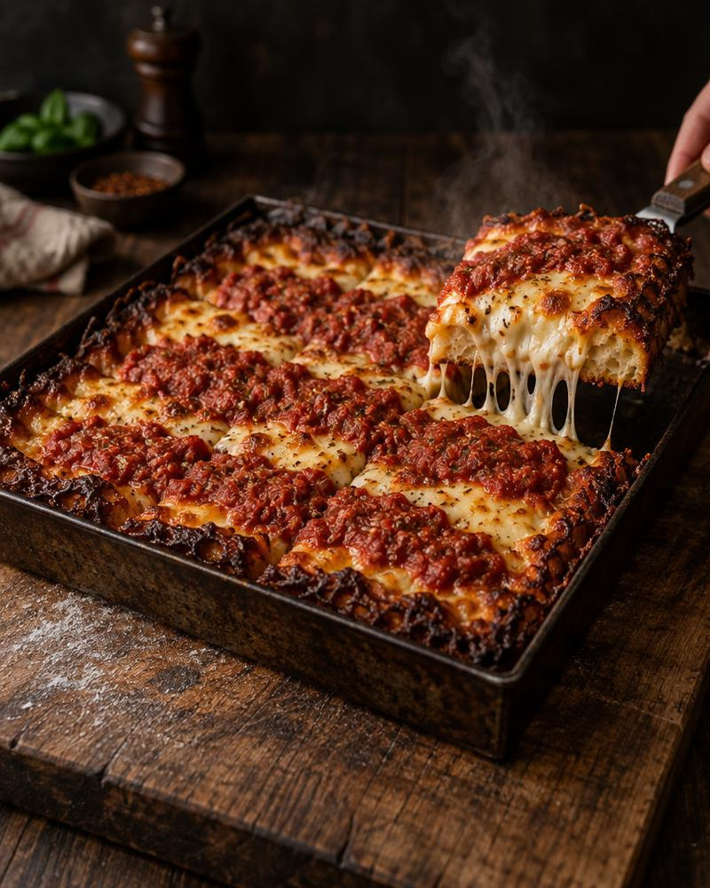 Square Detroit-style pizza in a steel pan with one cheesy corner slice being lifted.
