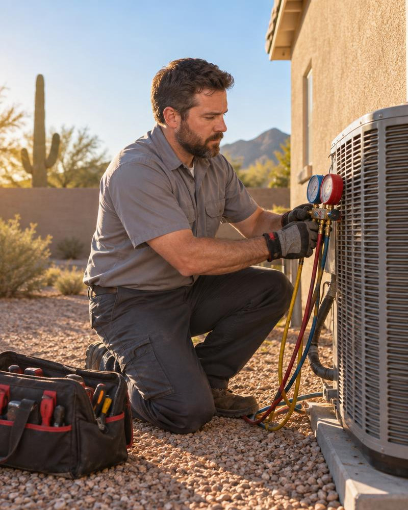 HVAC technician checking refrigerant gauges beside an outdoor AC unit at an Arizona home.