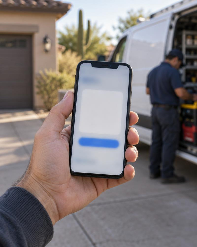 Hand holding a phone with a blurred quote screen in an Arizona driveway beside a service van.
