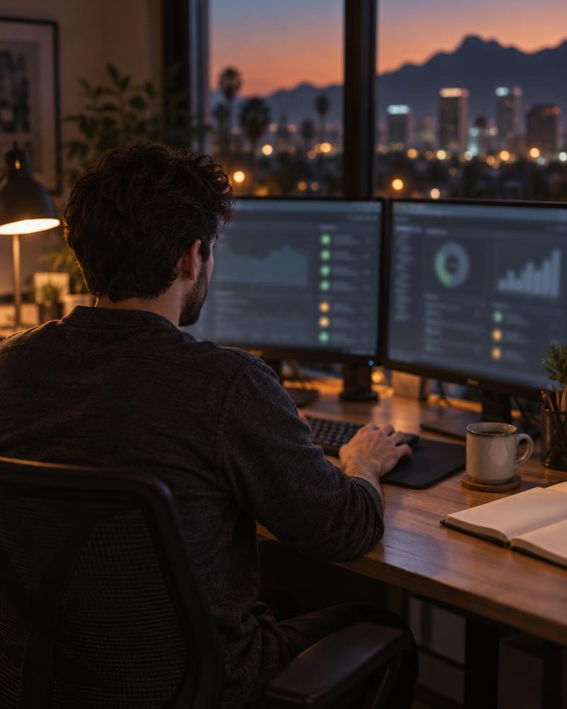 Developer working at two softly blurred dashboard monitors in a Phoenix studio at dusk.
